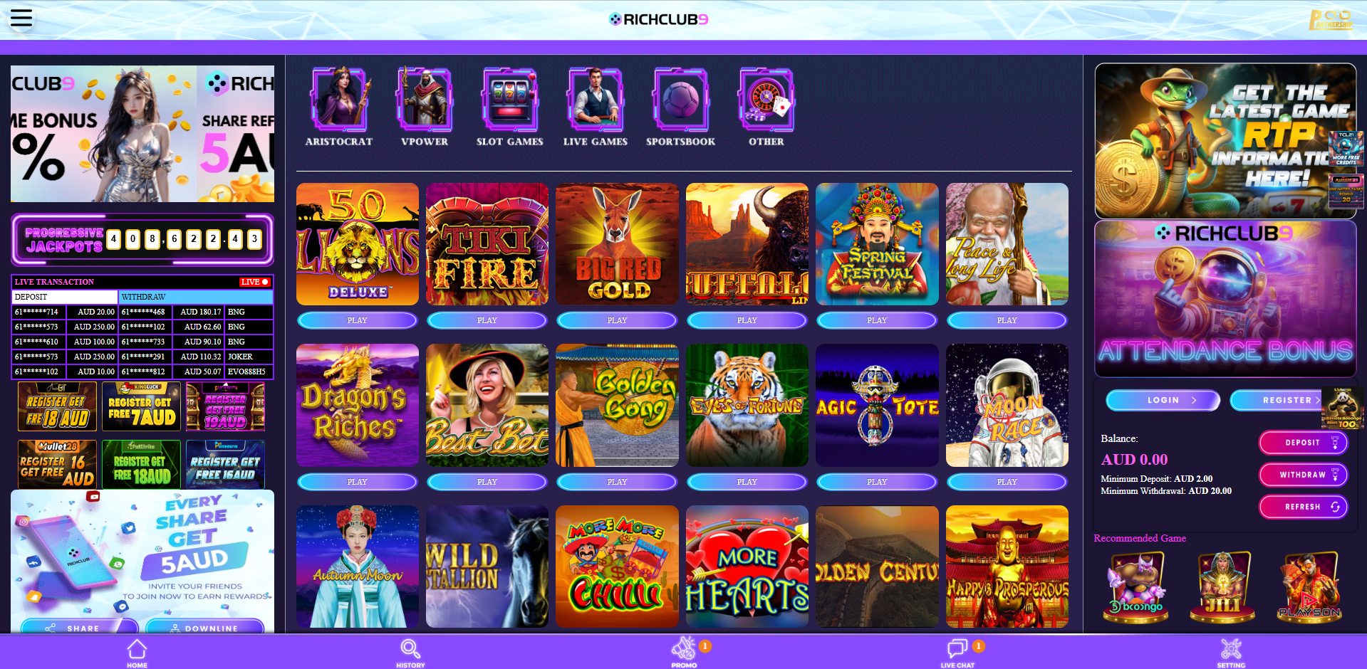 RichClub9 gaming interface showing exciting casino games
